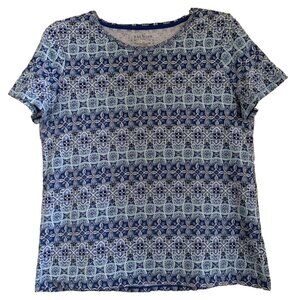 TALBOTS Womens' Blue & White Tile Print Crewneck T-Shirt Sz Large Petite